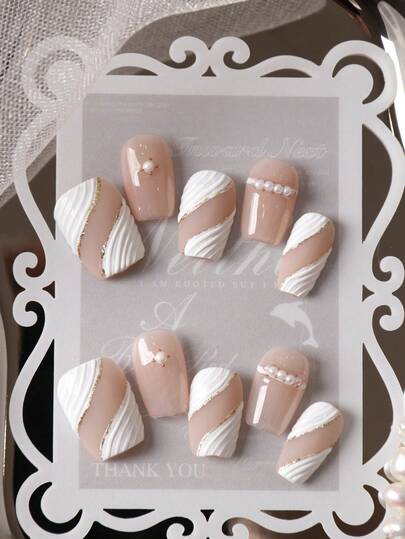 10pcs Press On Nails White Thread Golden Thread Press On Nail Supplies Fake Nails Short Office DailyWear False Nails Artificial Nails Kit Includes 1sheet Adhesive Tabs &1 Pc Mini File