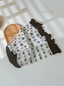 4/8双装黑色爱心图案中筒袜，可爱蝴蝶结透明蕾丝边玻璃丝过膝袜，洛丽塔黑白蕾丝边玻璃丝中筒袜，夏季薄款透气过膝袜，玻璃丝爱心网状蕾丝边 - 彩色 - 查看 8