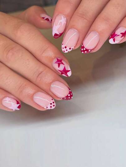 24pcs Pink & Red Short Round Fake Nails, Star & Polka Dot French Short Fake Nails For Women
