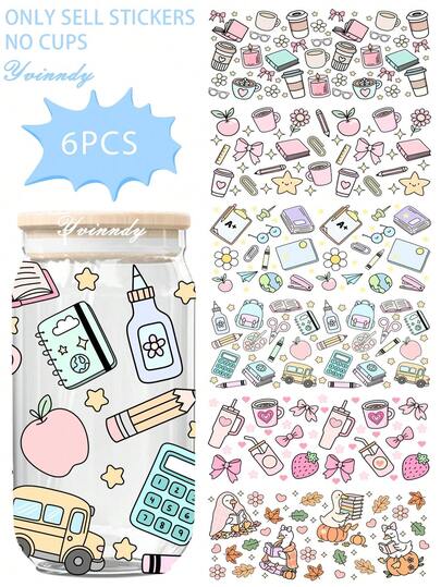 YVINNDY Bộ 6 miếng dán chuyển nhiệt UV DTF hình sách và cà phê - Chống thấm nước và chống trầy xước, thích hợp cho cốc, ly 16oz, chai, máy tính xách tay và tủ lạnh, cũng như để trang trí DIY và cá nhân hóa.