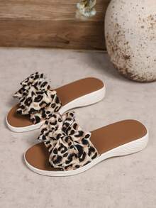 Women's Thick Sole Wedge Leopard Print Bow Sandals, Comfortable Beach Resort Style Bow Slippers For Summer - Brown - View 6