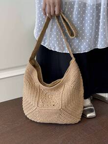 1件简约纯色天然棉手工钩编新月形包，祖母拼布设计，肩背/腋下两用，拉链封口，波西米亚风，编织手提包，海滩度假，法式休闲时尚，编织腋下包，春夏度假，复古艺术风，通勤外出 - 卡其色 - 查看 7