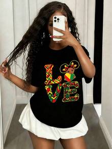 Girls & Teenagers Students Casual Printed Black Crew Neck Short Sleeve T-Shirt Top, Summer - 黑色6 - 查看 2