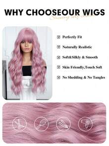26英寸粉色卷发假发，带刘海，耐热合成纤维，自然逼真，适合女性日常、派对、节日、万圣节、圣诞节、角色扮演等场合，风格自然、性感、浪漫、优雅、休闲。 - 粉色 - 查看 9