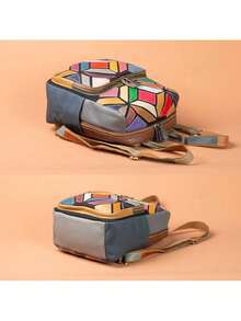 New Genuine Leather Women's Bag, Colorful Casual Boho Geometric Pattern, Contrasting Color Casual Women's Backpack. - 彩色 - 查看 4