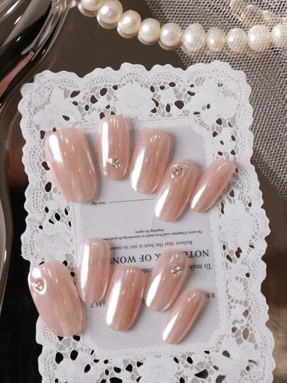 10pcs Press On Nails Pink Mirror Stacked Drill Press On Nail Supplies Fake Nails Short Office DailyWear False Nails Artificial Nails Kit Includes 1sheet Adhesive Tabs &1 Pc Mini File