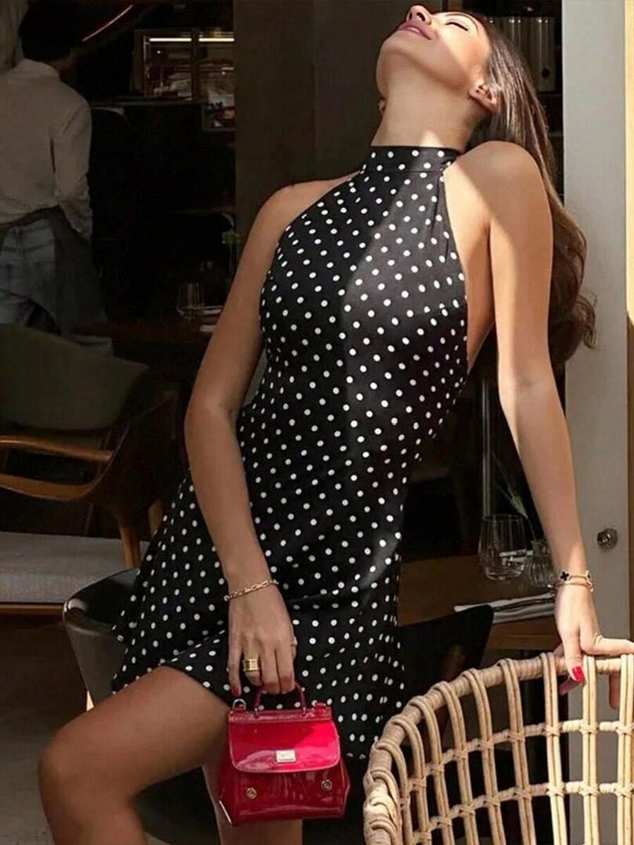 Đầm mini ôm sát gợi cảm, thời trang dành cho nữ, họa tiết chấm bi, dây mảnh, hở lưng, thích hợp cho các buổi tiệc tối. - màu đen - Xem 1