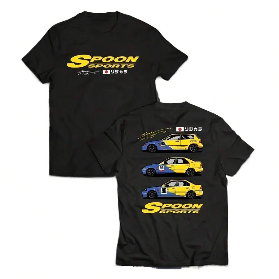 Men Cotton T-Shirt Rs Grey Sports Car Coupe Women Tshirt Hondaes Civic Spoon Sport EG EK ESI JDM Japan - 黑色 - 查看 1