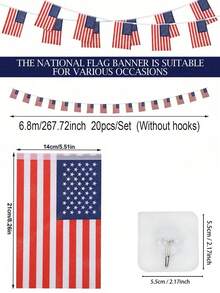 20条/套（6.8米/22.3英尺）美国国旗彩旗，爱国旗帜，适合独立日装饰，大尺寸，7月4日庆祝活动用品。可用于门廊、后院烧烤派对、花园墙面装饰（带挂钩）。 - 多色 - 查看 9