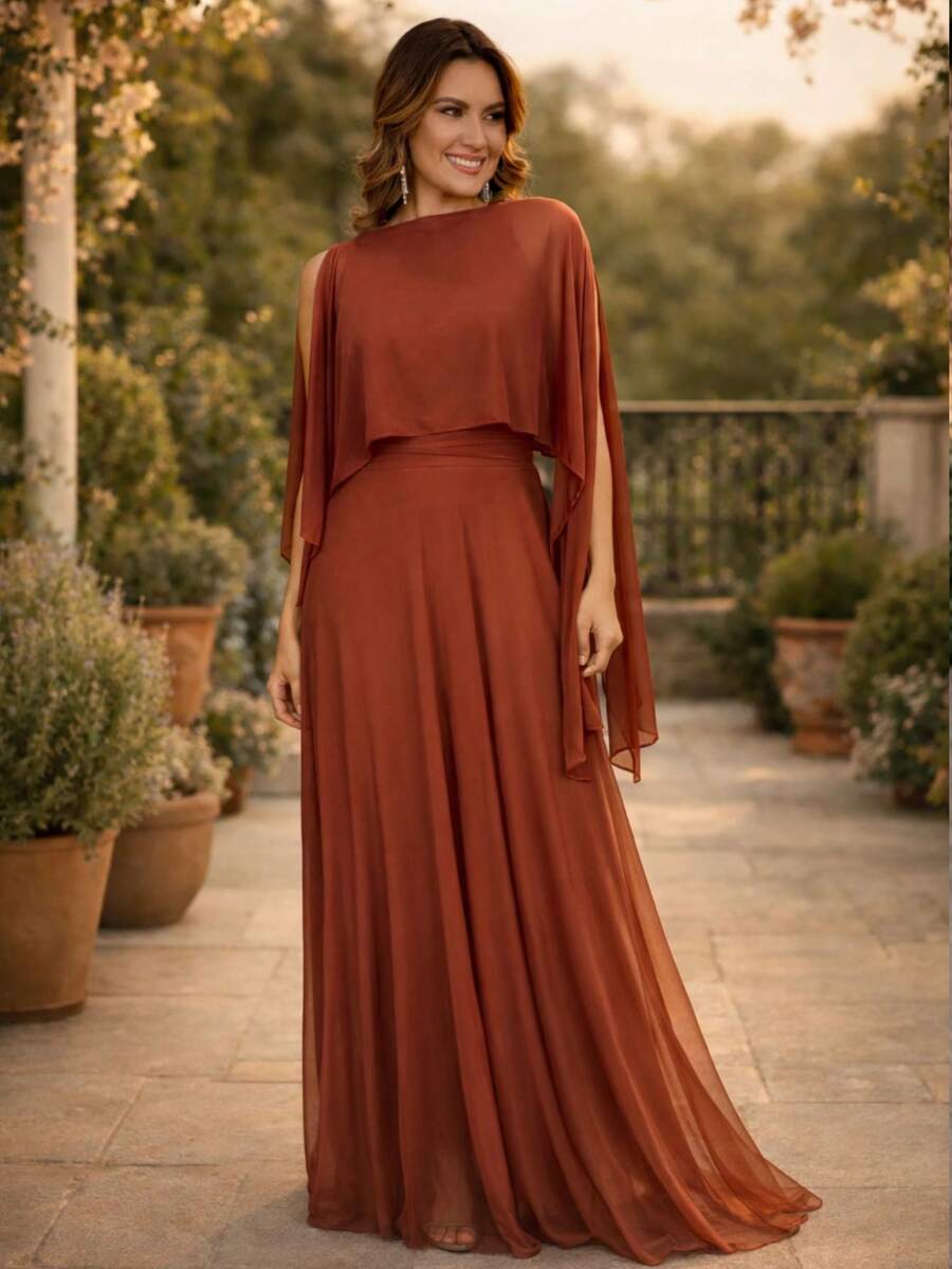 Long Party Dress With Chic Luxurious Terracotta Scarf. - Naranja Quemada - Ver 1