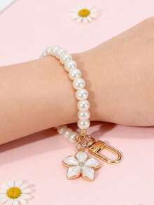 1pc Women's New Minimalist Ins Style Pearl Flower Decor Keychain, Phone Case Pendant - White - View 4