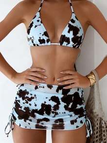 DeepOcean Swim Cow Print 3 PiecesBikini Set For Women, Halter Triangle Cup Tie Side Swimwear With MeshSarongSkirt, SexySummerBeachVacationBathingSuit - Baby Blue - View 6