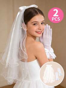 Bộ 2 món dành cho bé gái tuổi teen 12-16 tuổi, gồm khăn voan ren ngọc trai và găng tay nơ, thích hợp cho lễ rước lễ, đám cưới, trang phục Halloween. - Khăn che mặt + găng tay - Xem 1