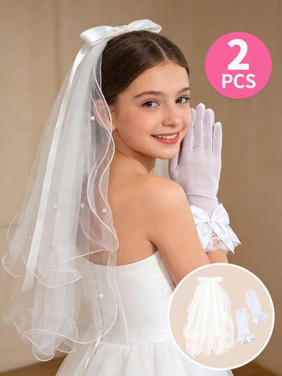 Set de 2 piezas de velo de encaje con perlas + guantes con lazo para niñas adolescentes de 12 a 16 años, adecuado para comunión, boda, disfraz de Halloween