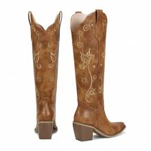 Cowboy Boots For Women Knee High Womens Cowgirl Tall Boots Slip On Design With Pointed Toe Comfortable Chunky Middle Heel Western Embroidery Boot For Wedding Country Concert Traveling - 棕色 - 查看 5