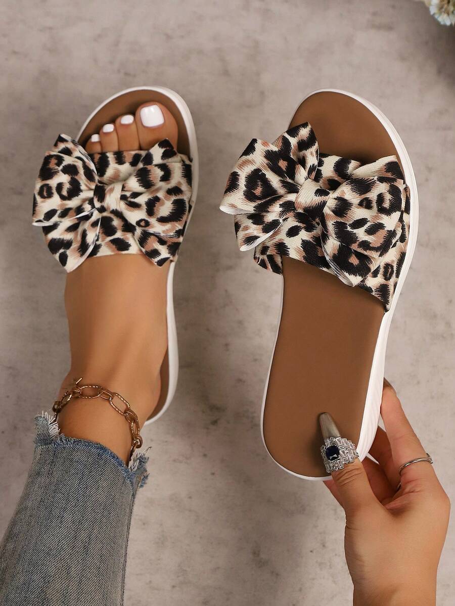 Women's Thick Sole Wedge Leopard Print Bow Sandals, Comfortable Beach Resort Style Bow Slippers For Summer - Brown - View 1