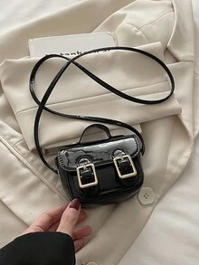 1个时尚迷你斜挎包，亮面包，多功能口红包（4.7英寸*3.3英寸*1.7英寸） - 黑色 - 查看 4