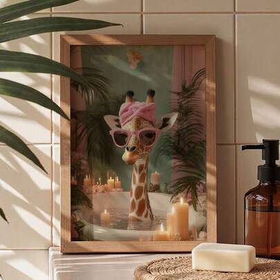 1 pieza Impresión artística de jirafa caprichosa en la bañera - Decoración sin marco con tema de la selva con gafas de moda rosas y bufanda turquesa, póster de animal de relajación en el spa para baño, sala de estar, dormitorio, oficina - idea de regalo única, acento hogareño juguetón, plano 2D, perfecto para la decoración de la habitación