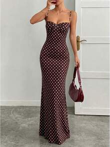 Đầm nữ màu trơn dệt kim chấm bi phối ren in họa tiết thanh lịch, gợi cảm, thường ngày, thích hợp cho kỳ nghỉ hè. - màu nâu - Xem 6