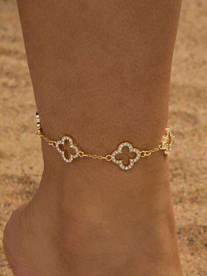 1pc Summer Chic Vacation Style Classic Versatile Elegant French Aesthetic Delicate Radiant Golden Hollow Clover Anklet For Women