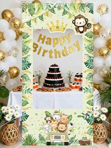 1pc Jungle Safari Animal Birthday Party Photo Backdrop,Vibrant Monkey, Tiger & Bear Designs, Perfect For Youngsters' Birthday Celebrations, Jungle Theme Decorations - A - View 3