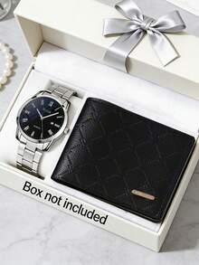 2pcs Business Silver Quartz Watch Set, Including Roman Numeral Calendar Men's Watch And Rhombus Pattern Men's Wallet. Silver-Black Metal Strap Paired With Minimalist Black Dial Design, Exuding A Steady And Reliable Business Style. - Silver - View 25