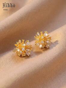 Hihho 一对锆石烟花/蒲公英耳钉，镀金奢华优雅耳环，闪亮耳环款式完美搭配高端、甜美和通勤装束 - 璀璨煙火 - 查看 4