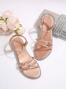 Fairy Style Rhinestone Buckle Sandals, Women's New Round Toe Thin Strap Elastic Back Flat Glitter Slides For Summer - Champagne - View 6