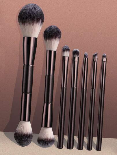  BS-MALL 7件套双头旅行化妆刷套装，咖啡色，柔软刷毛，不刺激皮肤，不掉毛，眼影腮红刷