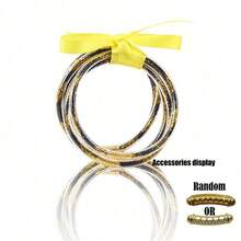 5pcs/Set Bohemian Style Gold & Mixed Color Silicone Bow Ribbon Jelly Bangle Bracelets, Multilayer Bracelets Suitable For Beach & Holiday Wear - Glitter Strips - View 6