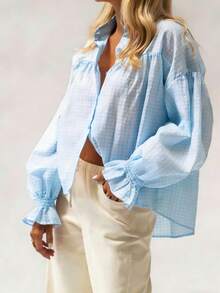 Women's Fashionable Plaid Regular Blouse With Collar And Button Front, Long Sleeve With Ruffle Hem Spring - Baby Blue - View 4