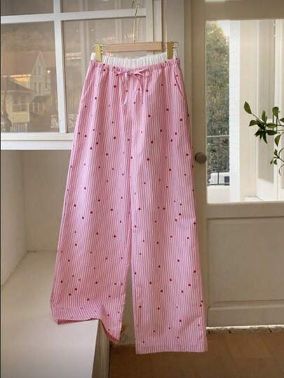 SAOYANGYU Women's Pink Heart Striped Print Straight Leg Pants With Drawstring Waist And Pockets, Woven Fabric With Slight Stretch, Suitable For Casual Wear Spring