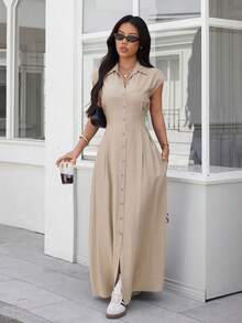 ADD MODA REF AS1759 LONG SHIRT DRESS WITH BUTTONS AND COLLAR - Màu be - Xem 5