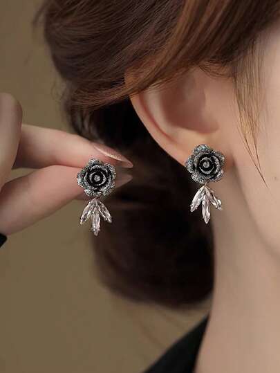 1 Pair Elegant Personalized Luxury French Classic Black Ombre Sparkling Rose Design Niche Unique High-End Artificial Glass Inlaid Earrings, Suitable For Women's Daily Casual, Dance, Party, Banquet, Vacation Wear