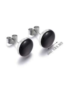 1 par de pendientes redondos de acero inoxidable negro, diseño versátil de moda para mujeres - Negro - Ver 5