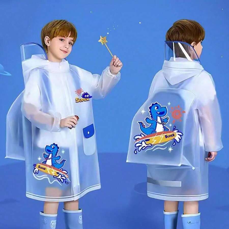 1PCS Hot Upgrade Zipper Translucent Matte Little Dinosaur Children's Raincoat Baby Kindergarten Primary School Students Cartoon Raincoat Plus Schoolbag Space Boys And Girls Raincoat - 藍色 - 查看 1