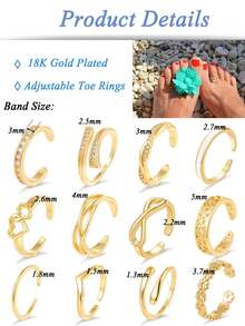 12件套波西米亚风18K镀金多款立方氧化锆可调节脚趾戒指套装，适合女性夏季海滩及日常佩戴 - 銀色 - 查看 10