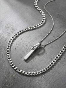 2 piezas/Set Collar Minimalista de Capas, Colgante de Barra Vertical Elegante & Cadena de Eslabón Cubano Grueso, Accesorios de Estilo Callejero, Joyería de Estética Atrevida - Plateado - Ver 3