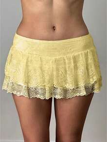 Women's Summer Low Waist Lace Ruffled Solid Color Skirt With Lined Shorts  Soft Flowy For Daily Date Vacation - 黃色 - 查看 1