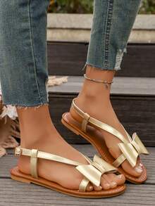 1双时尚蝴蝶结平底凉鞋，单带百搭沙滩鞋，甜美蝴蝶结凉鞋，软底舒适欧美风单带凉鞋 - 金色 - 查看 3