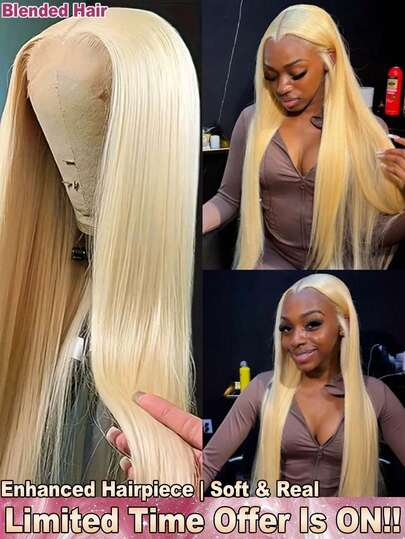 #613 金色 13x4 200% 密度 直发蕾丝前假发，带婴儿发 - 直发预拉直预熨烫蕾丝前假发，无需胶水 - 耳到耳真人发前假发，无需胶水中分假发，无需胶水前假发 - 高清透明真人混纺假发，无需胶水蕾丝前假发，女士专用，预先拔毛预剪，即戴即走，日常佩戴友好，适合初学者