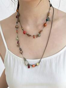 1pc Bohemian Flower & Leaf Beaded Long Necklace, Vintage Style Suitable For Daily Wear & Vacation (Beads Randomly Assorted) - Multicolor - View 7