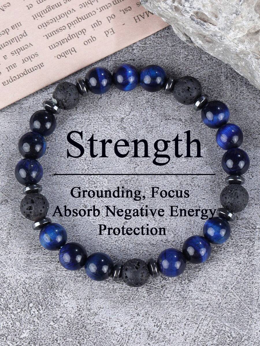 Brazalete de hombre de piedra natural lapislázuli y ojo de tigre, difusor de aceites esenciales de roca volcánica, paz interior, protección, joyería de energía espiritual unisex - Multicolor - Ver 1