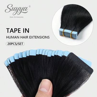 Tóc nối SUYYA 14 inch, 20 miếng, màu đen tuyền, tóc nối tự nhiên không đường nối dành cho nữ, tóc thật.