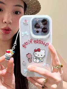 SANRIO Ốp điện thoại hình mèo hoạt hình dễ thương thời trang kèm nơ và dây đeo, phù hợp với 16 Pro Max, 13, 15, 14 Pro, ốp lưng chống sốc hai lớp. - Nhiều màu - Xem 1
