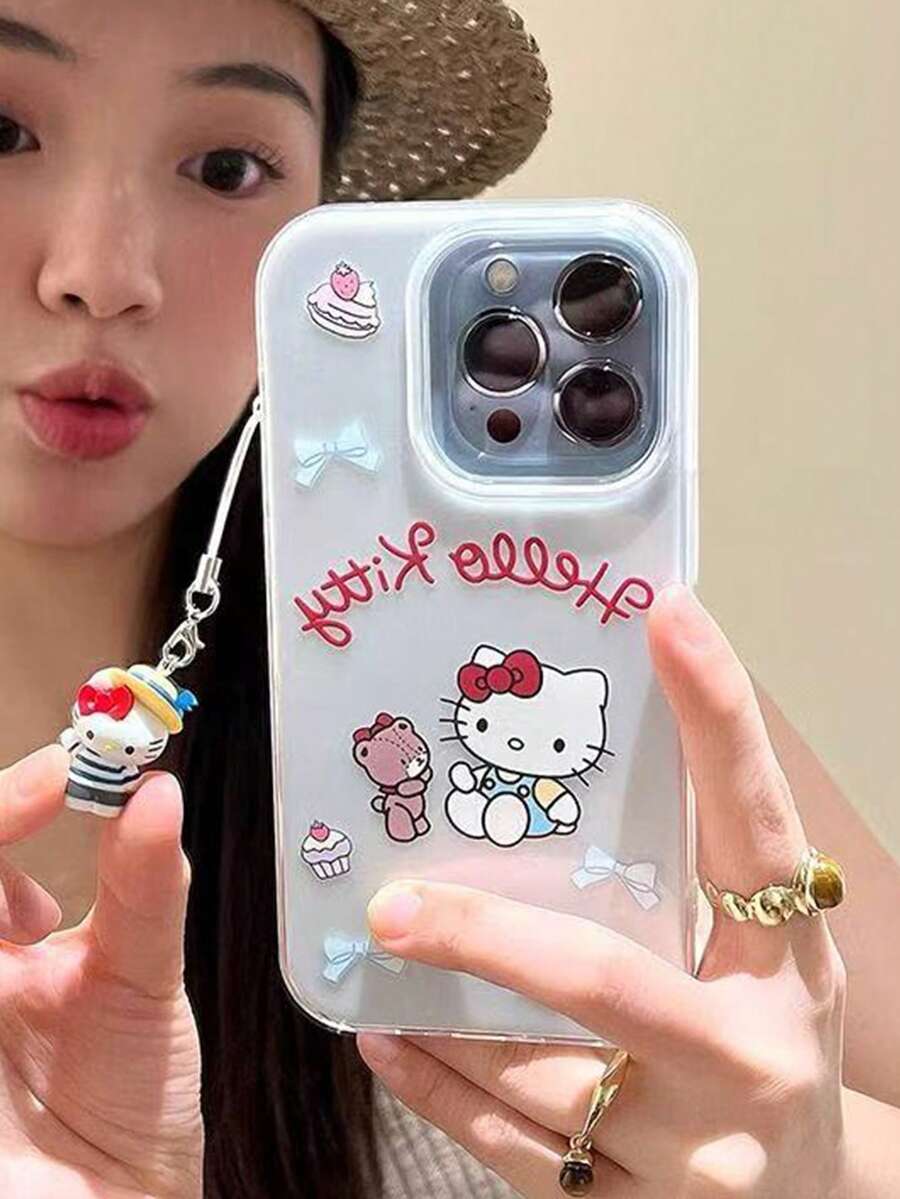 SANRIO Ốp điện thoại hình mèo hoạt hình dễ thương thời trang kèm nơ và dây đeo, phù hợp với 16 Pro Max, 13, 15, 14 Pro, ốp lưng chống sốc hai lớp. - Nhiều màu - Xem 1