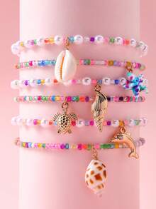 Set de 6 piezas Tobillera con cuentas con colgantes de estilo de playa de verano para niñas, con conchas, animales marinos, estrellas de mar, caracolas y tortugas - Multicolor - Ver 5
