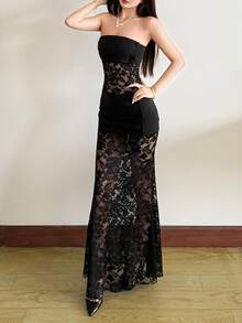 YeonC 女士性感无肩带修身长裙，精致蕾丝装饰半透明鱼尾裙摆，弹力优雅派对礼服 - 黑色 - 查看 7