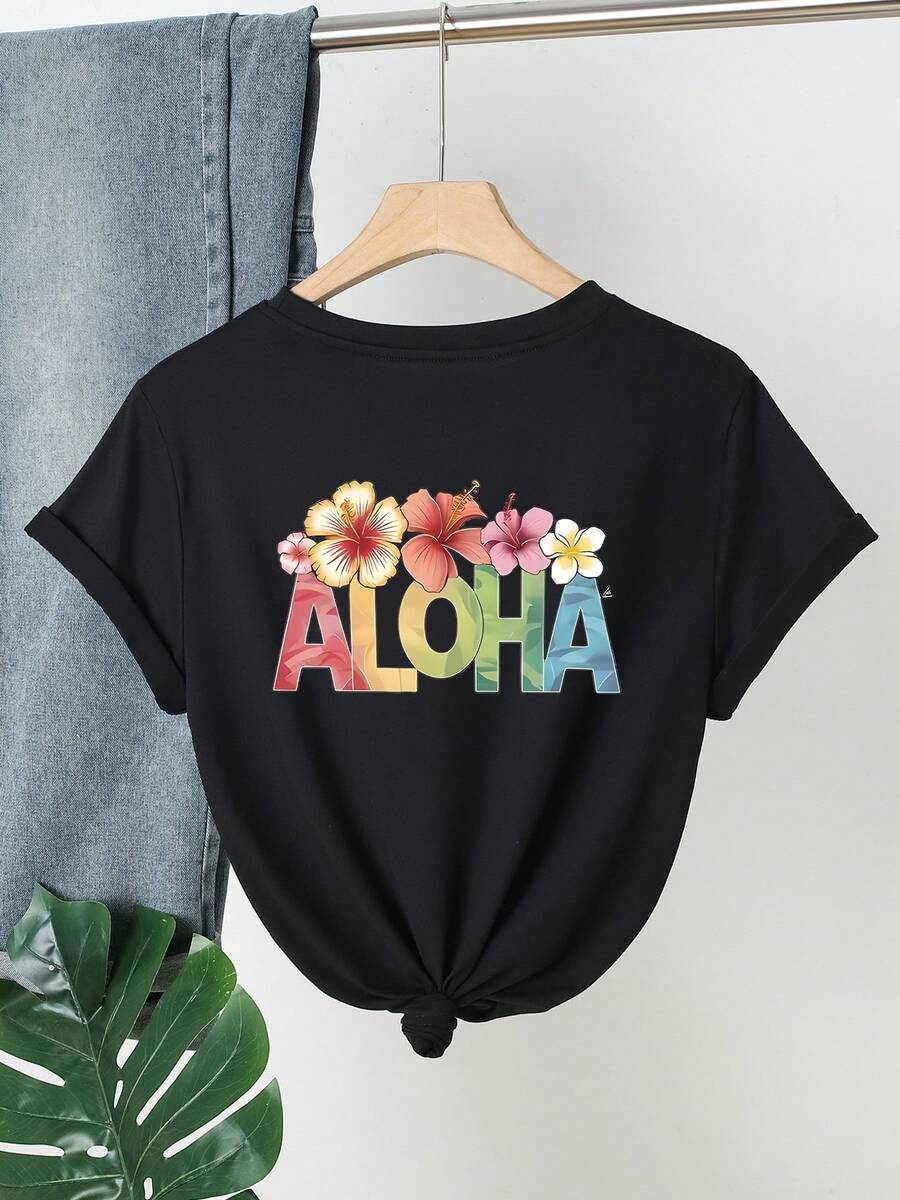 Áo thun in hoa và chữ kiểu dáng thường ngày, màu đen, thích hợp cho kỳ nghỉ hè. - màu đen - Xem 1