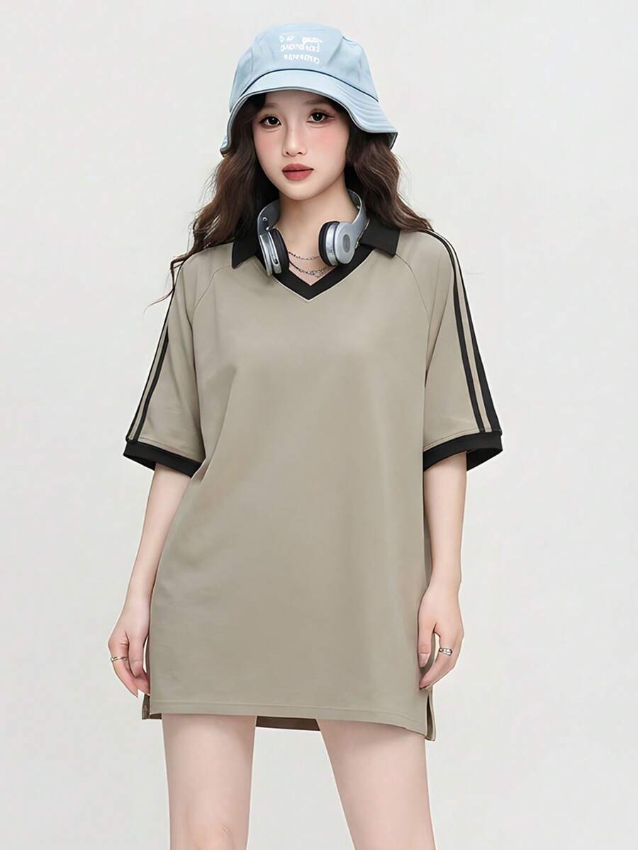 JUTU 大胆前卫女式侧条纹插肩袖 Polo 领 T 恤，宽松舒适短袖上衣，适合户外穿着，2026 春夏休闲款 - 2A33卡其灰拼黑 - 查看 1
